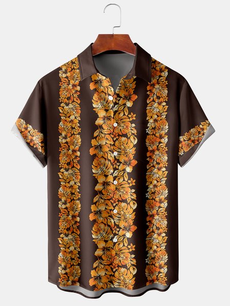 

Holiday Style Hawaiian Series Botanical Gradient Floral Leaf Element Lapel Short-Sleeved Chest Pocket Shirt Printed Top, Brown, Men's t-shirts