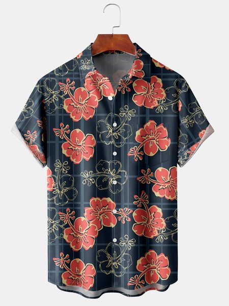 

Hibiscus Graphic Men's Casual Short Sleeve Chest Pocket Hawaiian Shirt, Navyblue, Men's Floral shirt