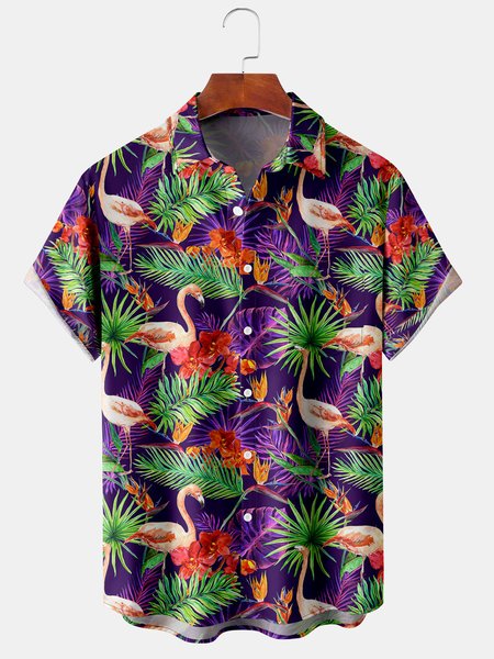 

Men's Flamingo Print Casual Breathable Hawaiian Short Sleeve Shirt, Purple, Men's Floral shirt