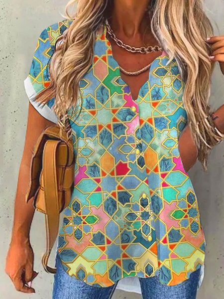 

Color Block Loosen Short Sleeve Blouse, Multicolor, Shirts & Blouses
