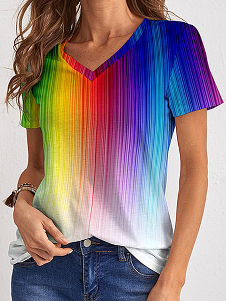 

Green-Blue Iridescent V-Neck T-Shirt Vacation Striped Short Sleeve T-Shirt, Multicolor, Tops