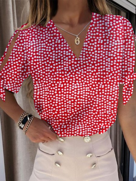 

Polka Dots Casual V Neck Short Sleeve Tops, Red, Tops