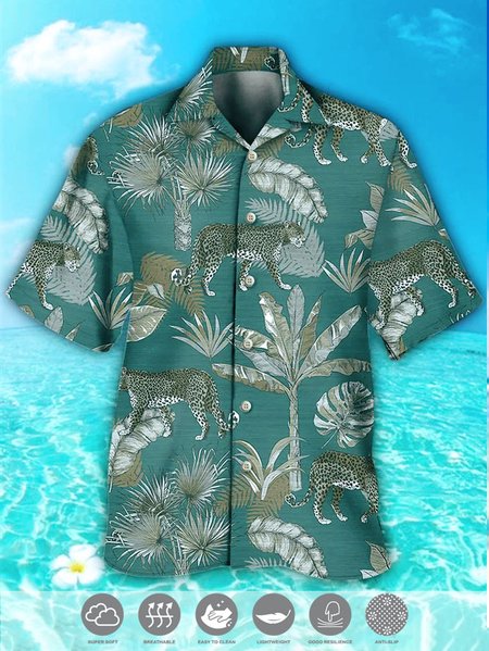 

Men's Animal Print Casual Breathable Hawaiian Short Sleeve Shirt, Green, Men's Floral shirt