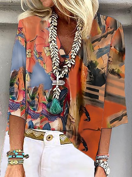 

Printed V Neck Short Sleeve Tops, Multicolor, Tops