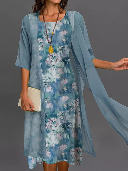 

Two Piece Floral Sleeveless Round Neck Printed Dress With Half Sleeve Outwear, Blue, Midi Dresses