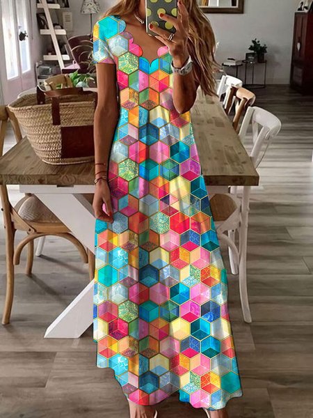 

V neck Casual Regular Fit Short Sleeve Knit Dress, Multicolor, Maxi Dresses