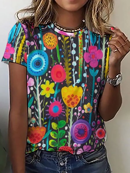 

Womens Flowers Print Crew Neck Casual Short Sleeve T-Shirt, As picture, T-shirts