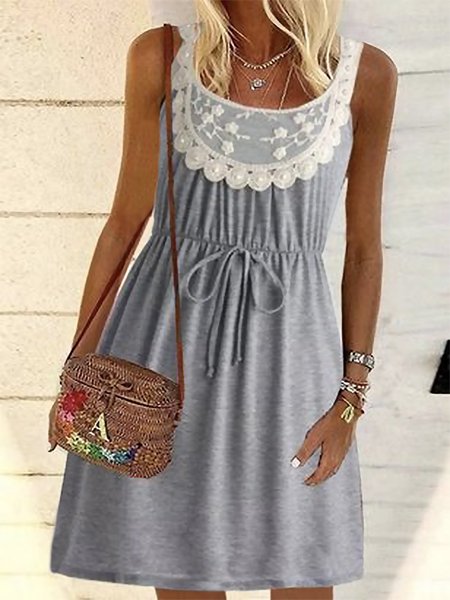 

Plain Lace Crew Neck Sleeveless Plus Size Casual Dresses, Gray, Mini Dresses