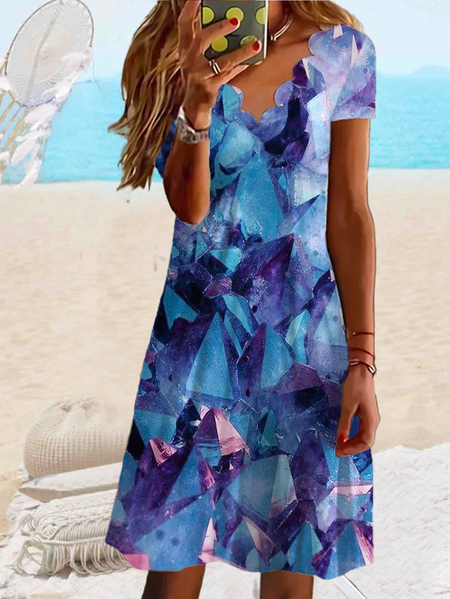 

Plus size Printed Casual Short Sleeve Dress, Blue, Mini Dresses
