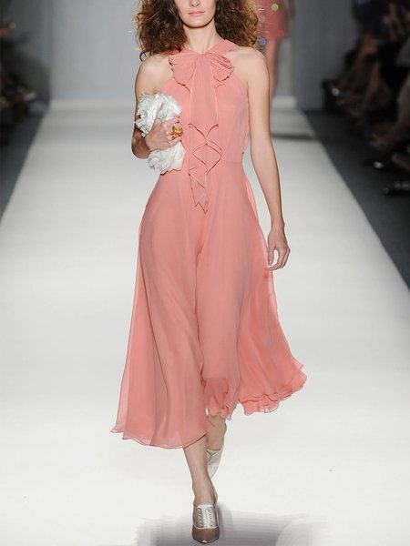 

Halter Elegant Sleeveless Solid Midi Dress, Pink, Maxi Dresses