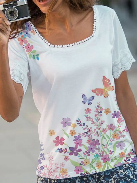 

Casual Regular Fit Short Sleeve Tops, White, T-Shirts