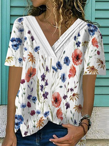

Floral V Neck Short Sleeve Plus Size Casual Tops, White, Tops