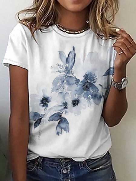 

Casual Simple Floral Print Short Sleeve Crew Neck T-Shirt, White, T-shirts