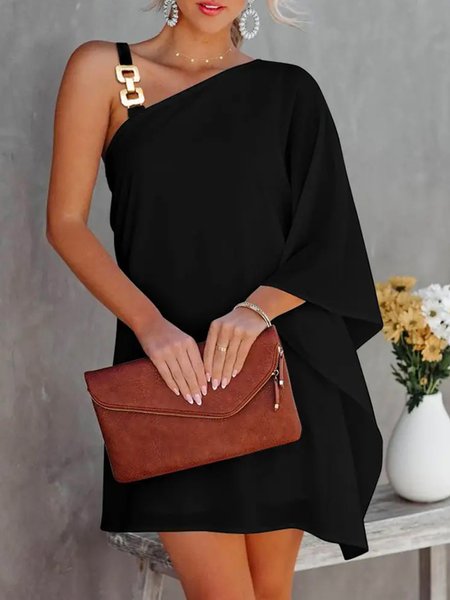 

Elegant Solid Sleeveless Asymmetrical Neck Dress, Black, Mini Dresses