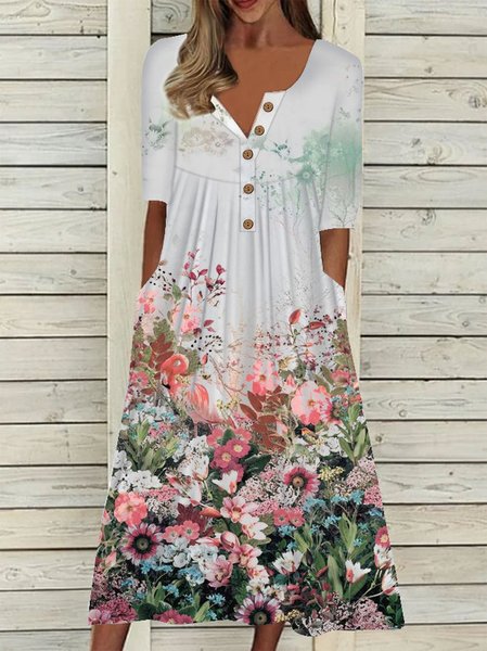 JFN V Neck Button Floral Beach Casual Midi Dresses, White, Dresses