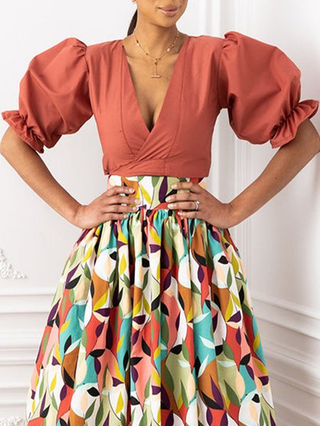 

V Neck Regular Fit Casual Short Sleeve Tops, Orange pink, Tops