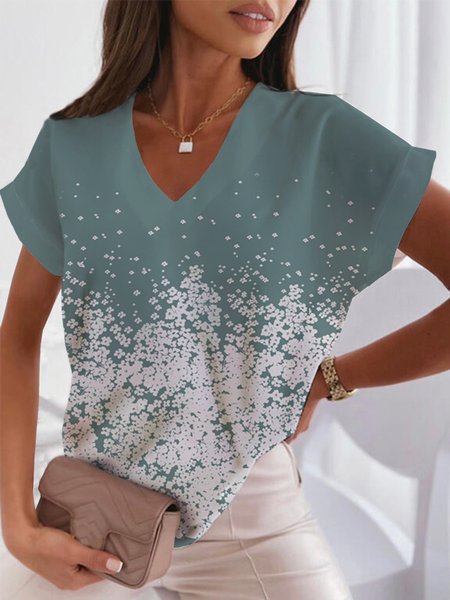 

Casual Floral Loosen Short Sleeve Tops, Green, Tops