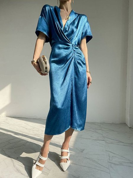 

Elegant Solid Lapel Short Sleeve Woven Dress, Blue, Midi Dresses
