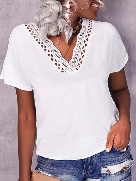 

Loosen Lace Elegant Plain Short Sleeve Tops, White, Shirts & Blouses