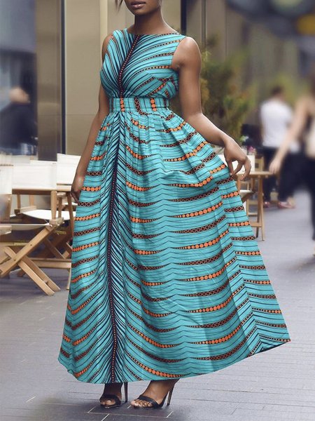 

Regular Fit Boat Neck Vacation Sleeveless Woven Dress, Blue, Maxi Dresses
