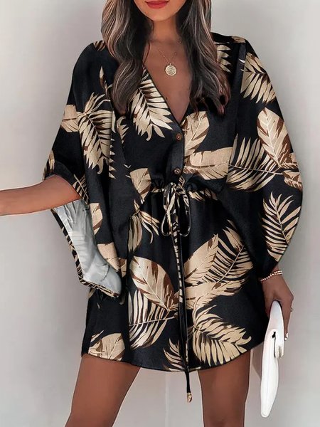 

Vacation Flare Sleeve Short Sleeve Woven Dress With Belt, Black, Mini Dresses