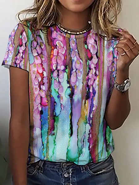 

Casual Abstract Print Crew Neck Short Sleeve T-Shirt, As picture, T-shirts