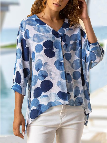 

Polka Dots Casual V Neck Short Sleeve Tops, Blue, Tops