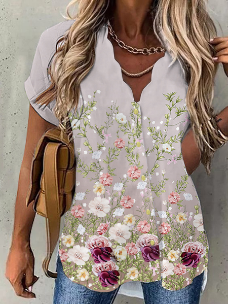 

JFN Scallop V Neck Floral Vacation Shirt, Pink, Shirts