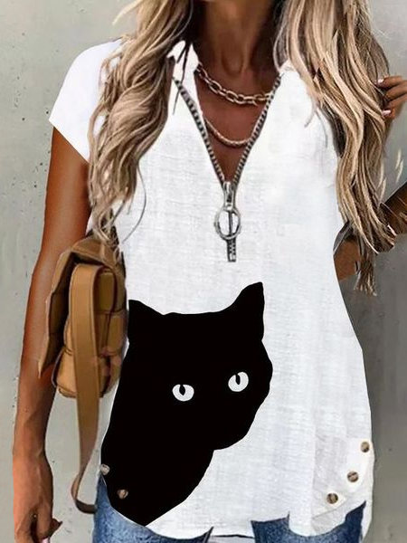 

Animal Cotton Vacation Short Sleeve Tops, White, Shirts & Blouses