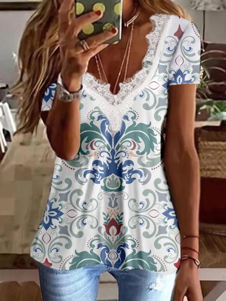 

Casual Loosen V Neck Short Sleeve Tops, White, Shirts & Blouses