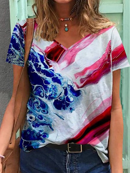 

Casual Loosen Batwing Short Sleeve T-Shirt, Red-blue, T-Shirts