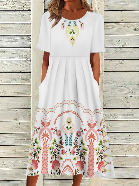 

Plus size Floral Short Sleeve Dress, White, Midi Dresses