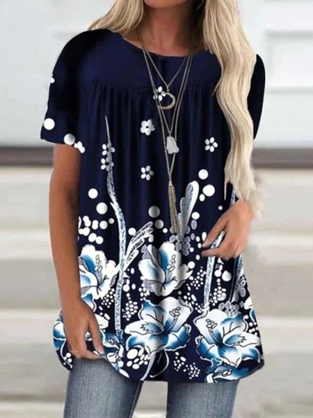

Floral Short Sleeve T-Shirt, Purplish blue, T-Shirts