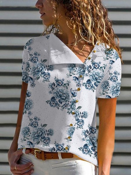 

Floral Short Sleeve V Neck Plus Size Printed Tops, Blue, Tops