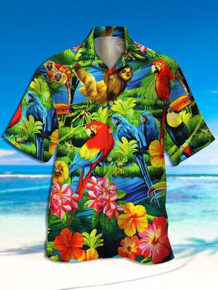 Men's Parrot Print Casual Breathable Hawaiian Short Sleeve Shirt, Green, Men's Floral shirt