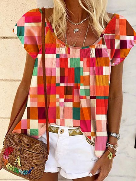

Casual Crew Neck Geometric Short Sleeve Tops, Multicolor, Shirts & Blouses