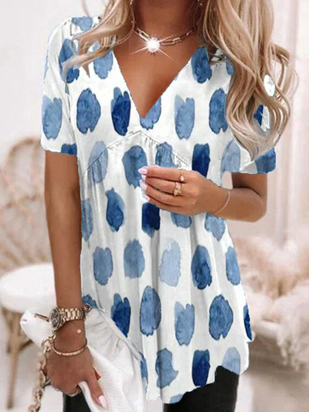 

V Neck Regular Fit Polka Dots Short Sleeve Tops, Blue, Tunics