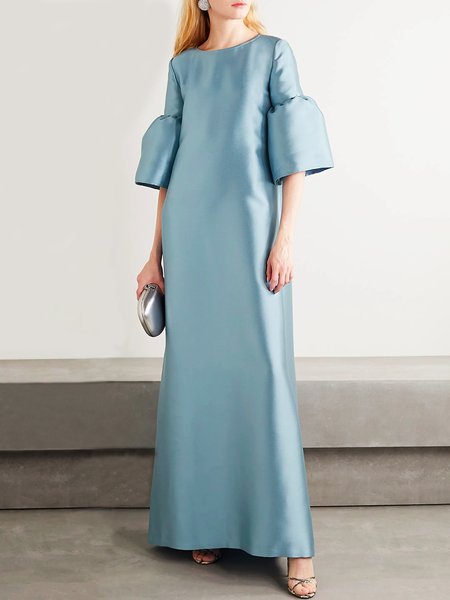 

Elegant Solid Crew Neck Half Sleeve Dress, Blue, Maxi Dresses