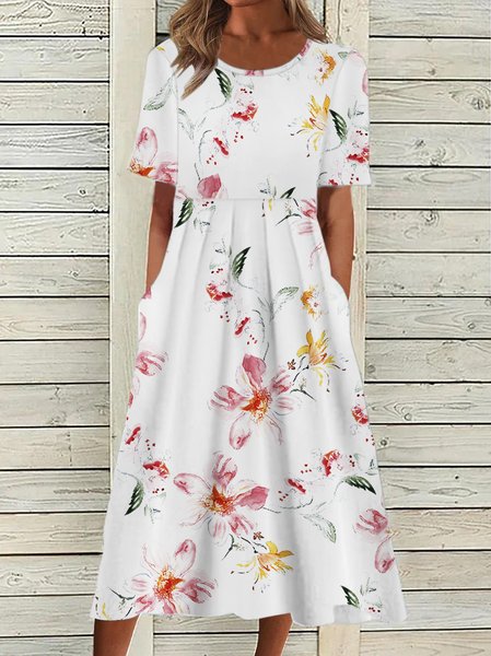 

Casual Floral Crew Neck Short Sleeve Woven Dress, White, Midi Dresses