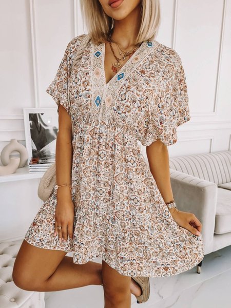 

V Neck Casual Short Sleeve Dress, Khaki, Mini Dresses