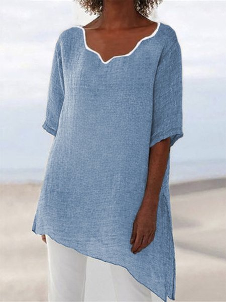

Plain Short Sleeve V Neck Plus Size Casual Tops, Blue, Tops