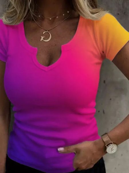 

Ombre V Neck Short Sleeve Tops, Multicolor, T-Shirts