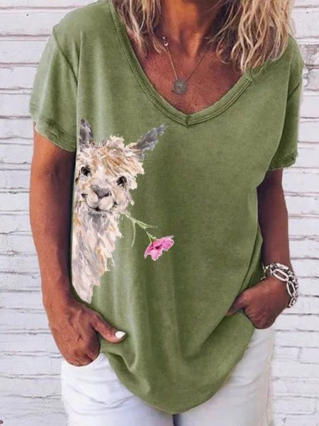 

Animal V Neck Cotton Short Sleeve Tops, Green, T-Shirts