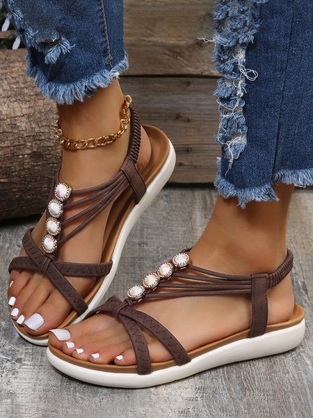 

Jeweled Rhinestones Thin Straps Bohemian Casual Sandals, Brown, Sandals