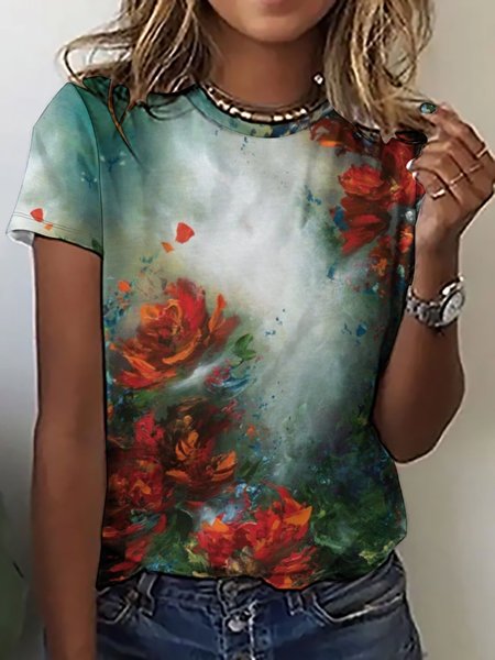 

Womens Rose Flower Art Print Vintage Crew Neck Short Sleeve T-Shirt, As picture, T-shirts