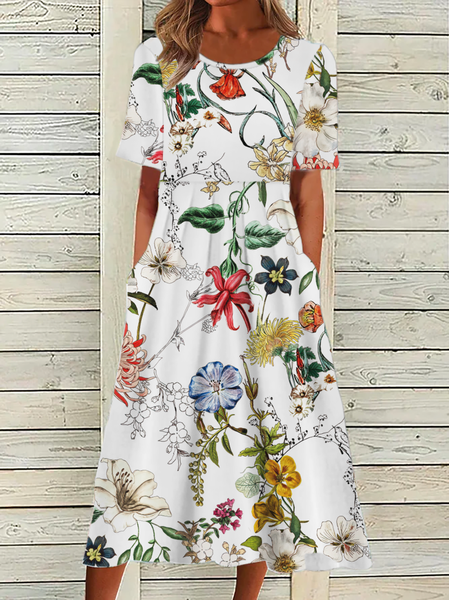 

Plus size Floral Short Sleeve Dress, White, Midi Dresses