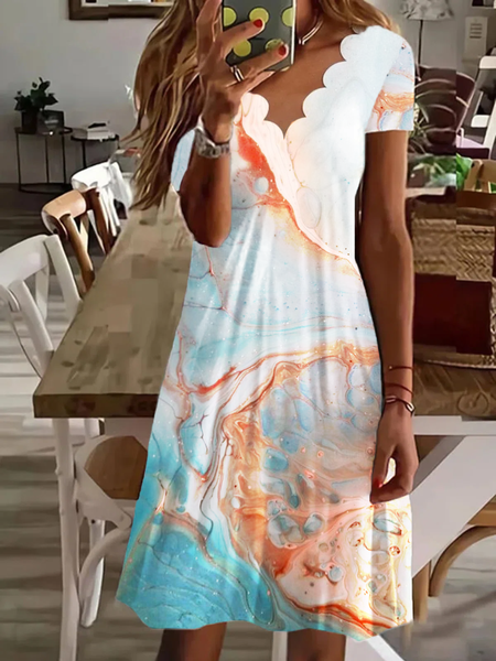 

V Neck Casual Sea Short Sleeve Knit Dress, Multicolor, Mini Dresses