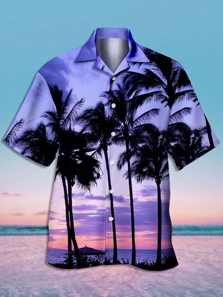 

Mens Resort Coconut Print Casual Short Sleeve Shirt Hawaiian Top, Purple, Short Sleeve Shirts