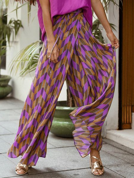 

Vacation Geometric Wide Leg Pants, Purple, Pants