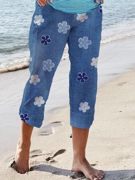 

Vintage Floral Blue Gradient Print Casual Vintage Cropped Pants Floral Loosen Pants, Pants